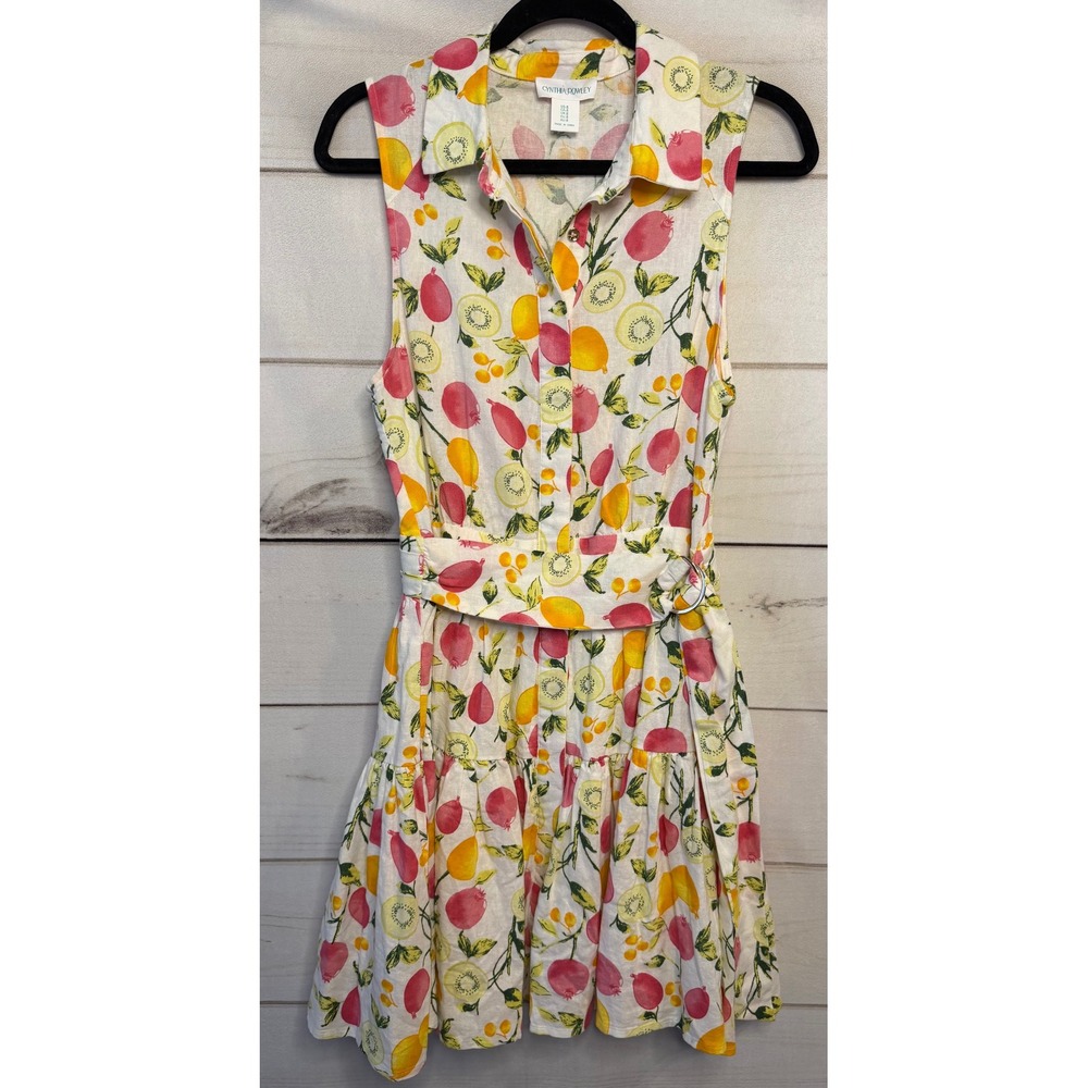 Cynthia Rowley Fruit Print Linen Blend Sleeveless Shirt Dress Belted Womens 8